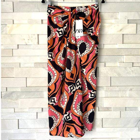 ZARA NWT Matte Satin Tribal Geo Print Pink Brown Faux Wrap Midi Skirt XS - Picture 2 of 6